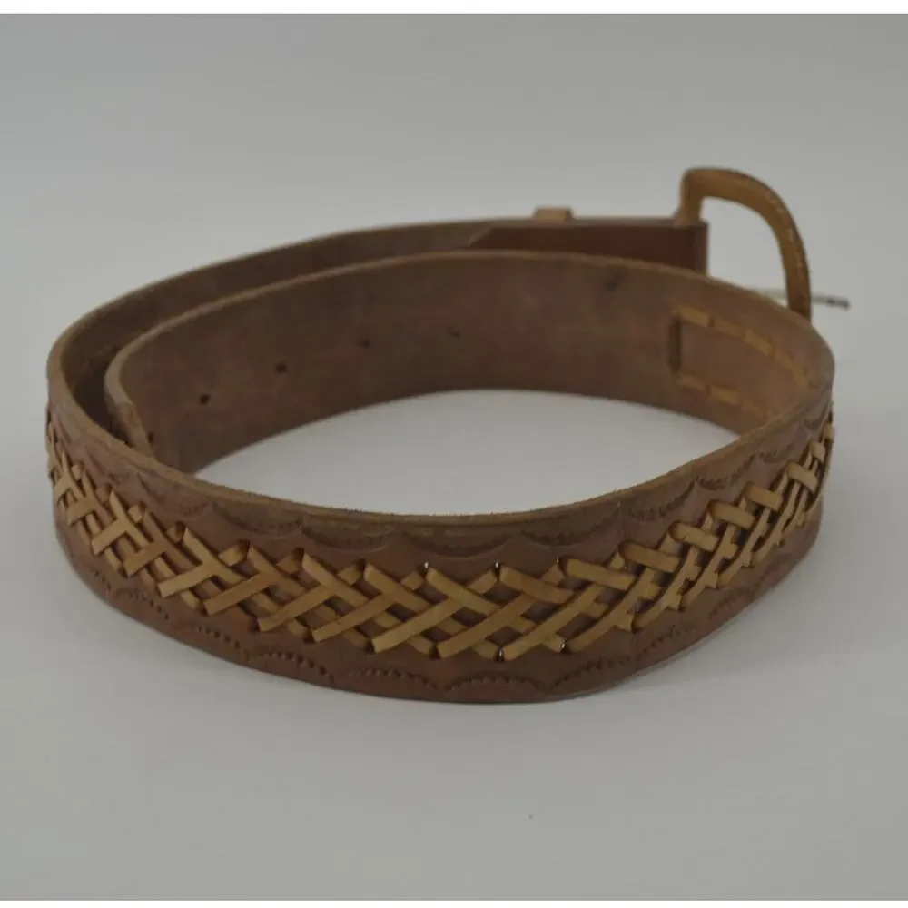 Western Leather Mens Size 28 Belt Tooled Stitched Brown Cowboy